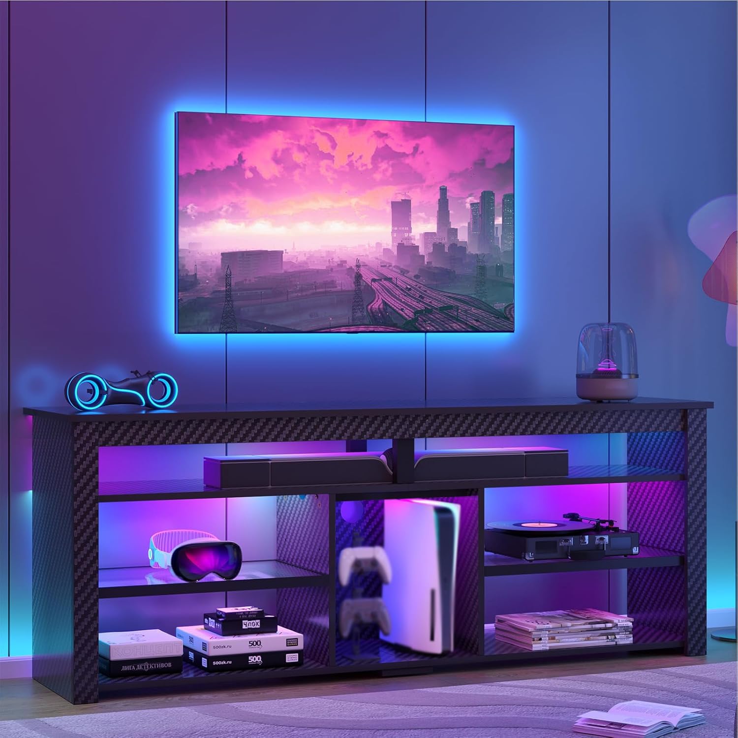 Gaming Console Entertainment Center - Hoher TV-Ständer, Unterhaltungszentrum, Gaming-Konsolen-Aufbewahrung, LED-Beleuchtung, Schlafzimmer,