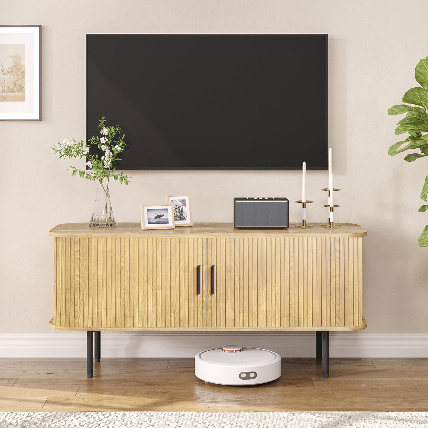 Gaming Console Entertainment Center - Natürlicher geriffelter TV-Ständer für 60-Zoll-Fernseher, Gaming-Entertainment-Center,