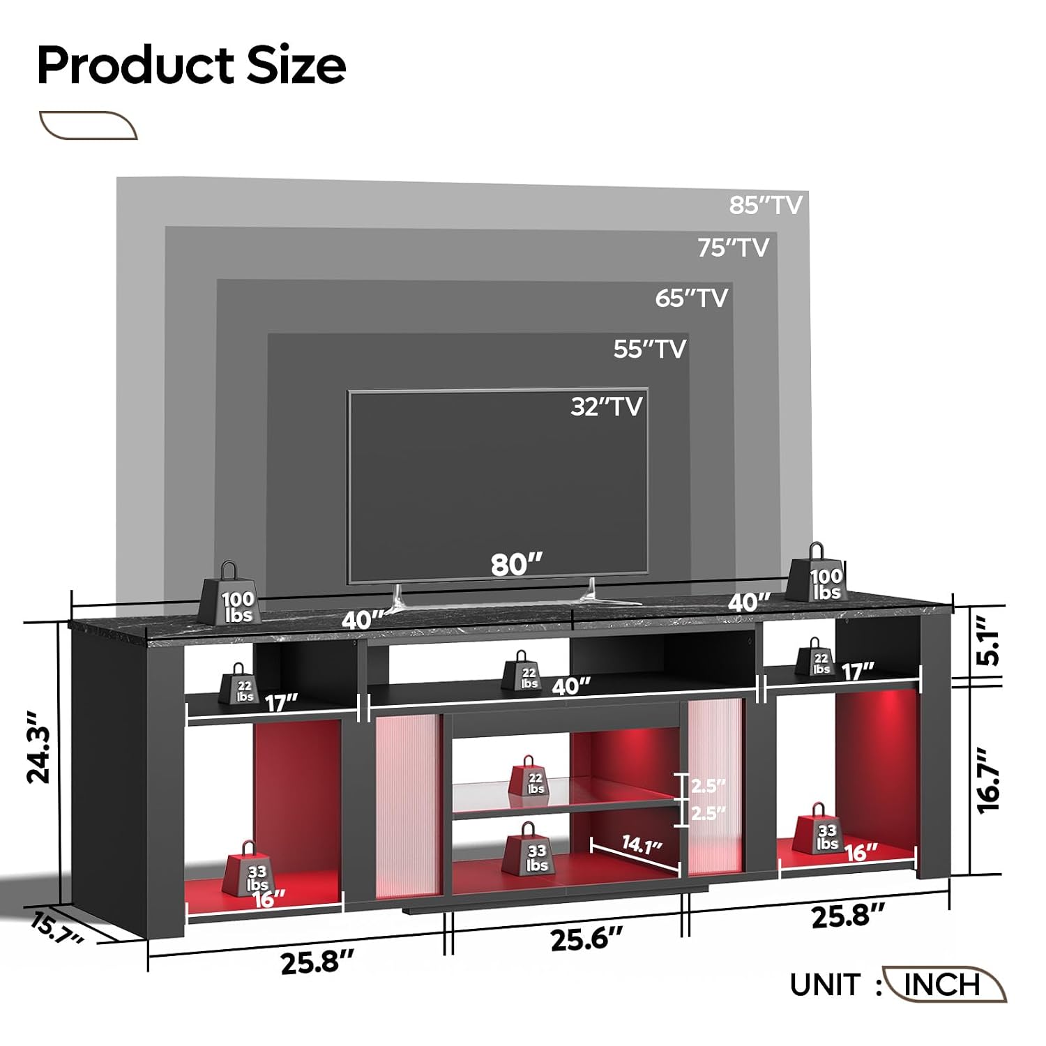 Gaming Console Entertainment Center - 80 Zoll TV-Ständer, Unterhaltungszentrum, LED-Beleuchtung, Verstellbare