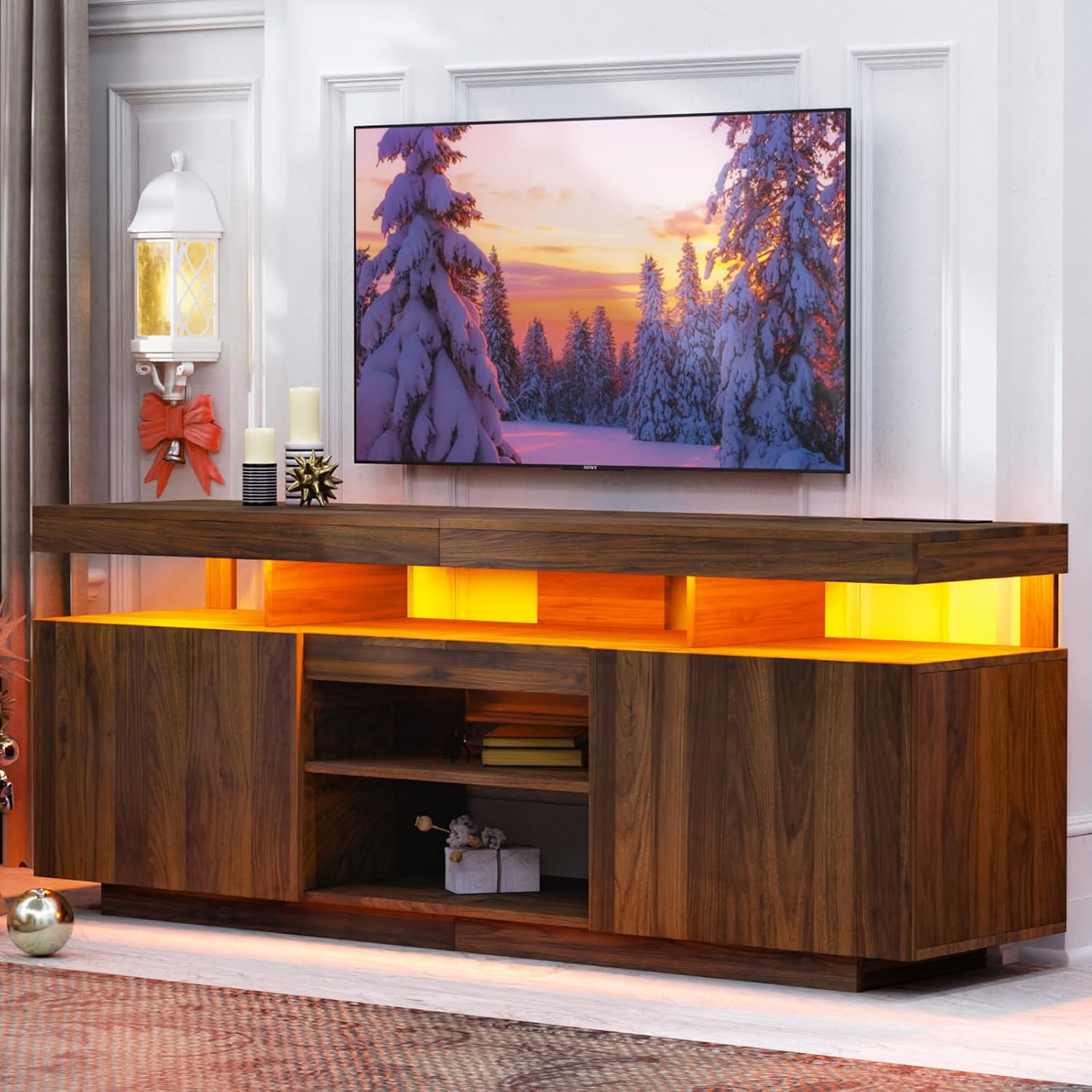 Gaming Console Entertainment Center - LED-TV-Ständer mit Steckdosen & LED-Beleuchtung, Unterhaltungszentrum-Aufbewahrungsschrank,