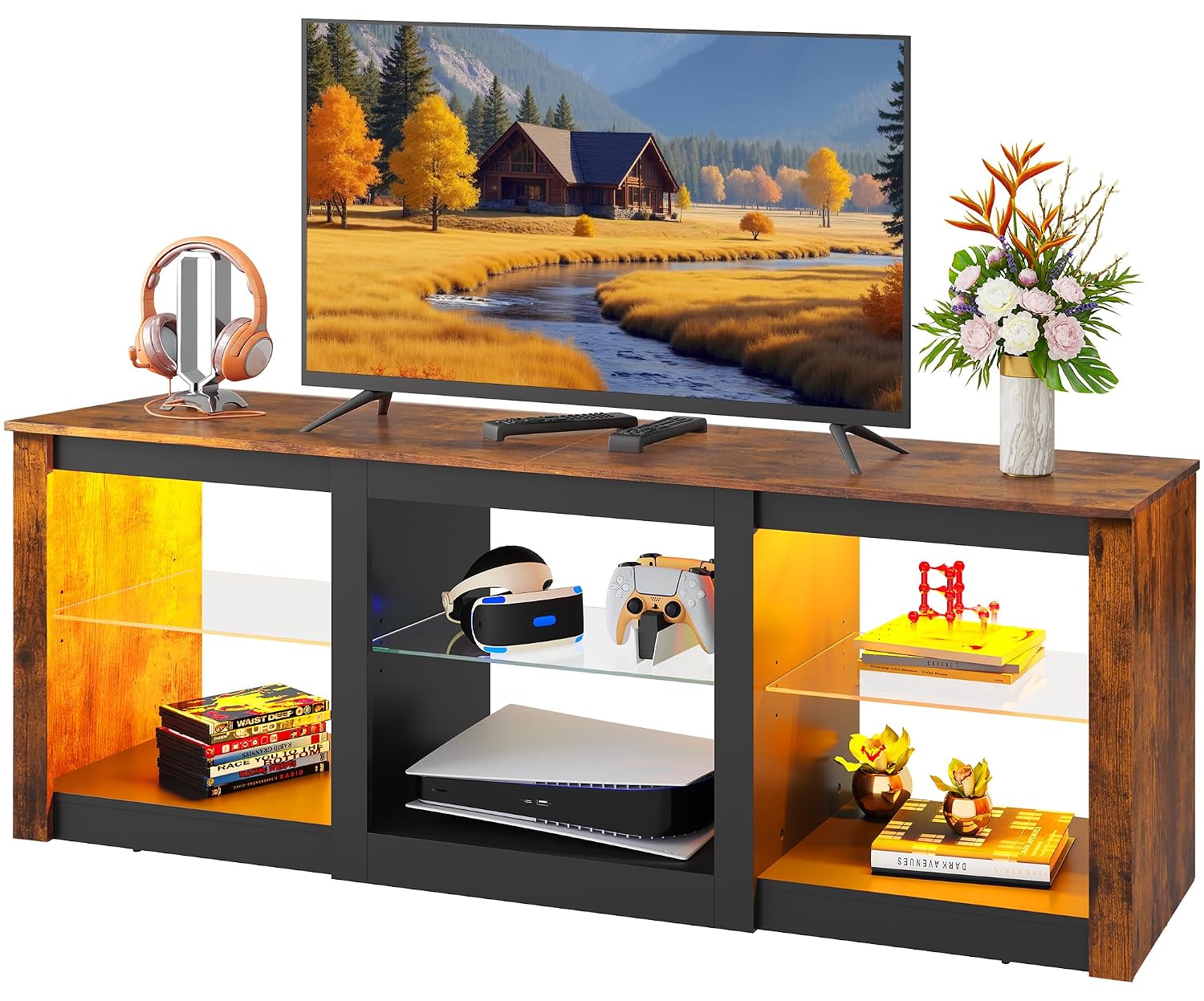 Gaming Console Entertainment Center - LED-TV-Ständer, Unterhaltungszentrum mit Glasregalen & RGB-Beleuchtung,
